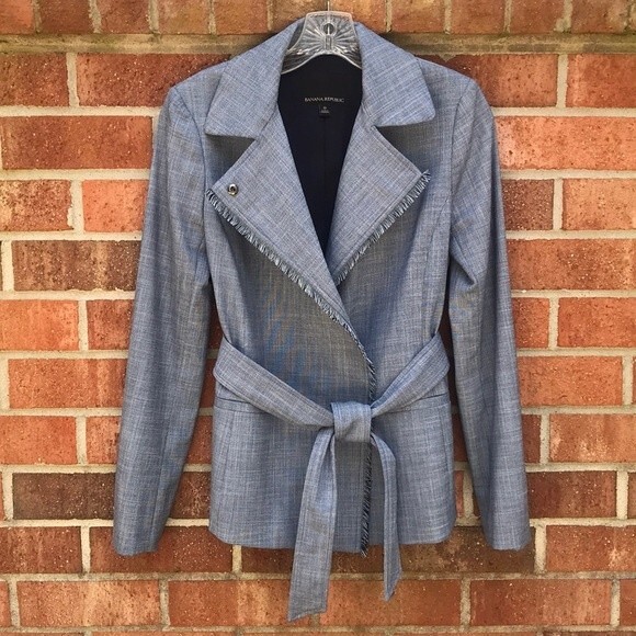 Banana Republic Fringed Edge Blue Chambray Lined Suit Jacket sz 0 - Picture 1 of 13